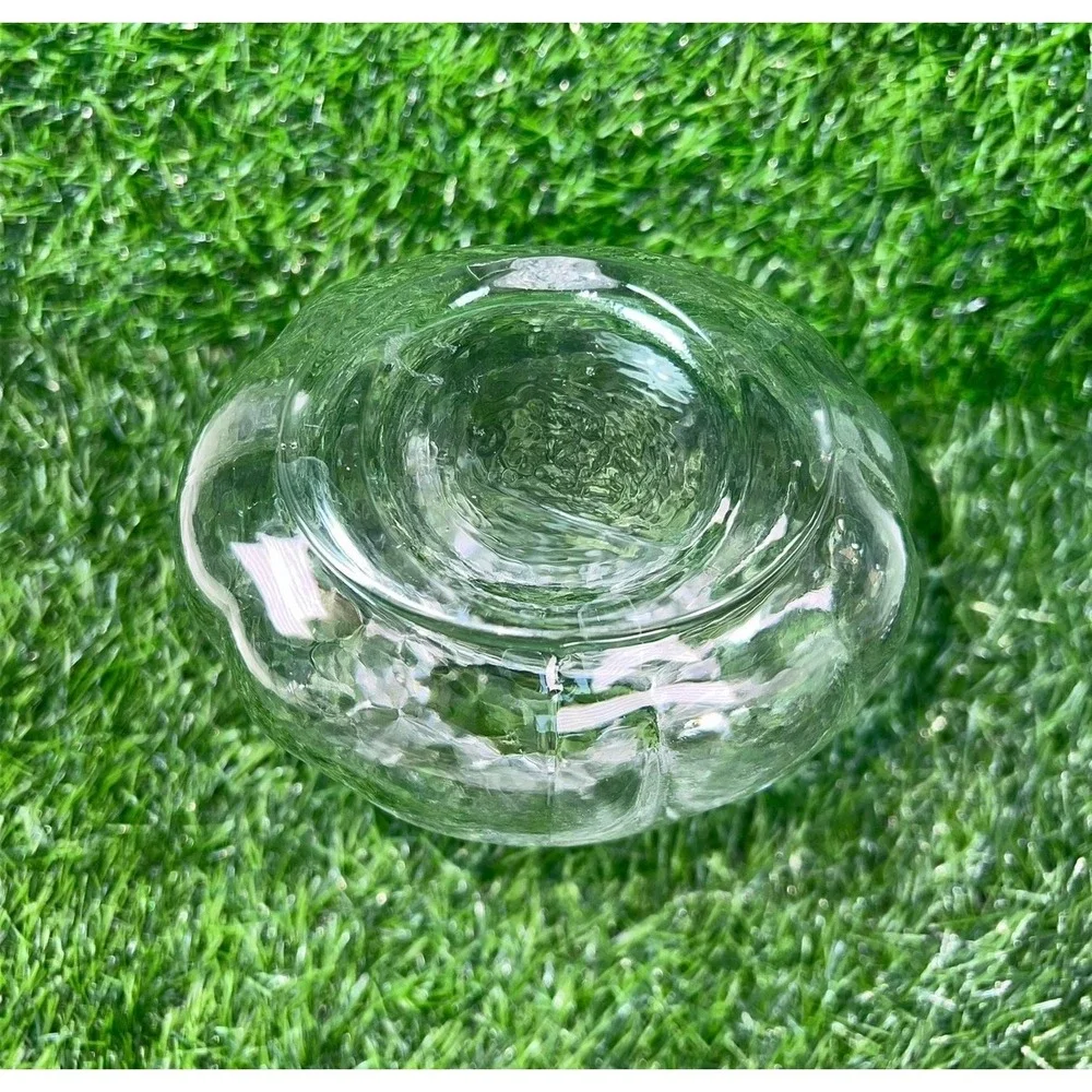 Clear Glass Drawstring Bag Pouch Vase Ruffled Rim Ribbed Texture 7in